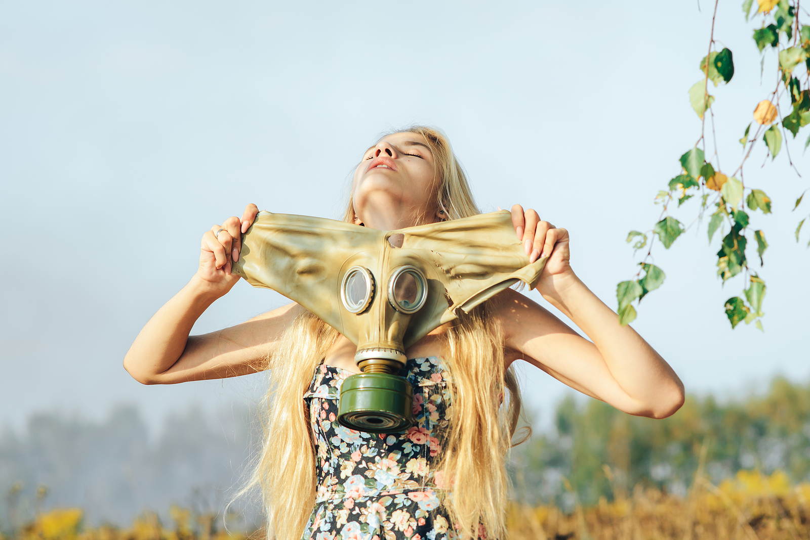A Girl In A Dress Walking In Nature Wears A Gas Mask. The Concep